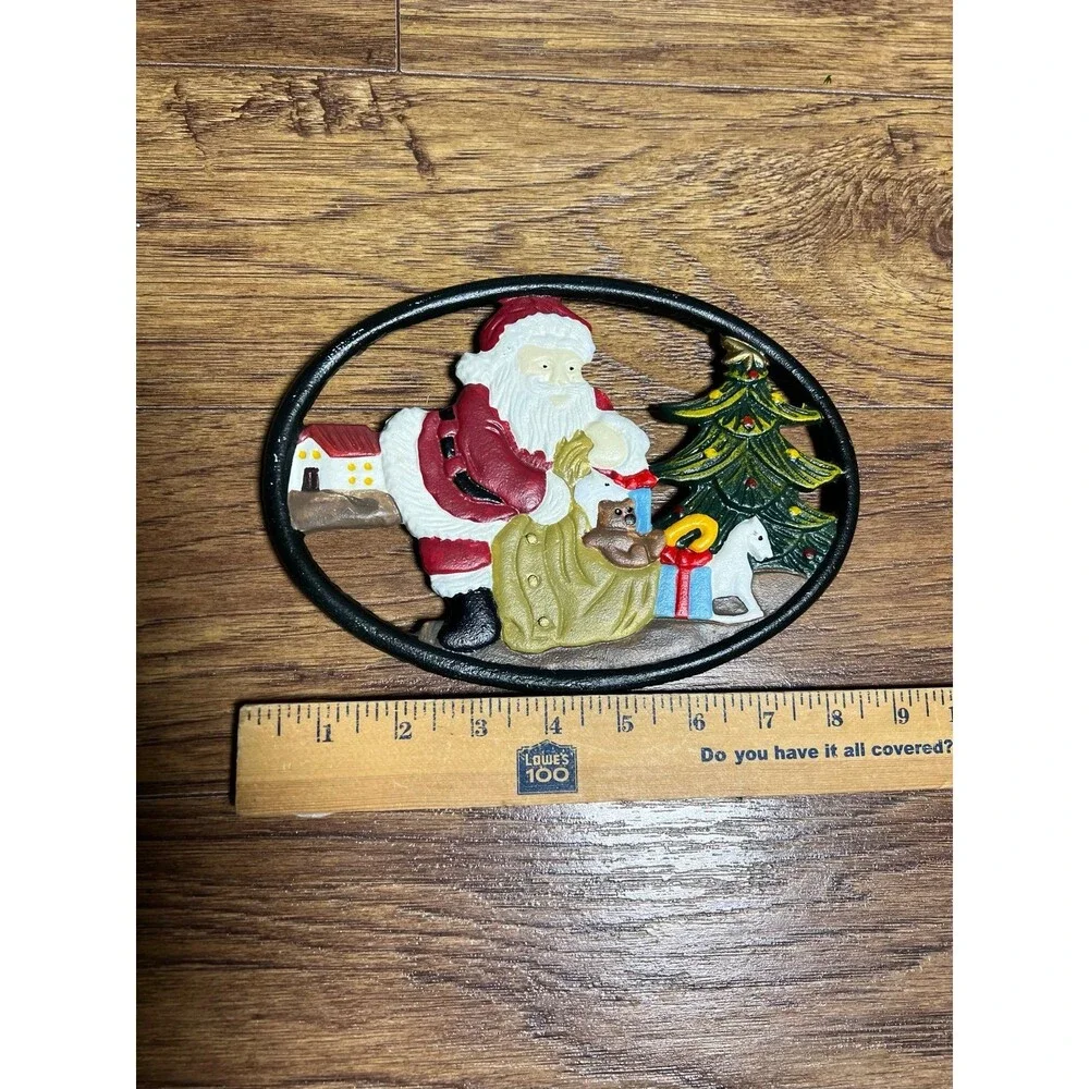Vintage Hand Painted Santa Claus Christmas Tree Cast Iron Trivet Xmas Decoration